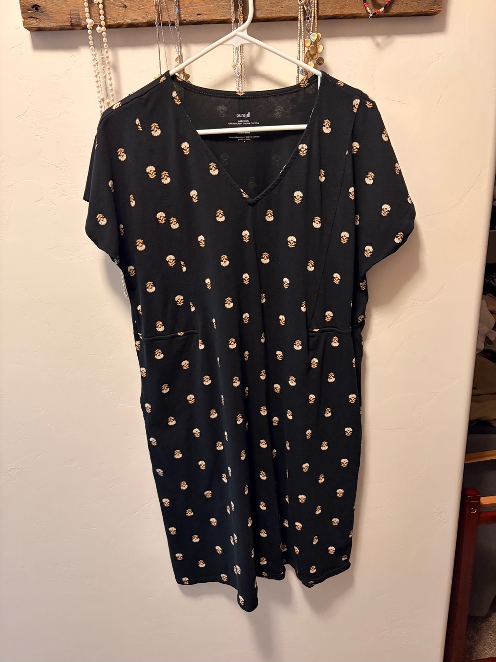 J Jill Black V-Neck Short Sleeve 100% Cotton Dress with Flower Print